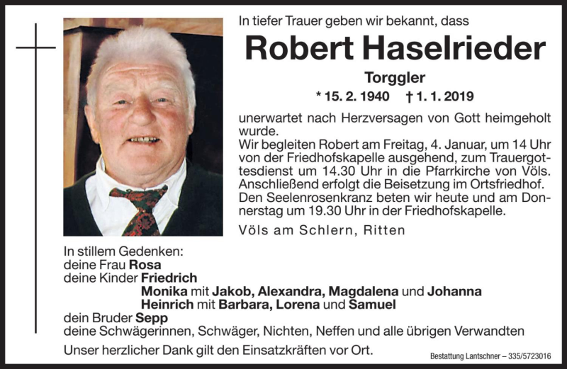  Traueranzeige für Robert Haselrieder vom 02.01.2019 aus Dolomiten