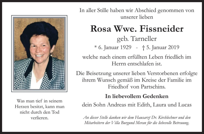  Traueranzeige für Rosa Fissneider vom 16.01.2019 aus Dolomiten