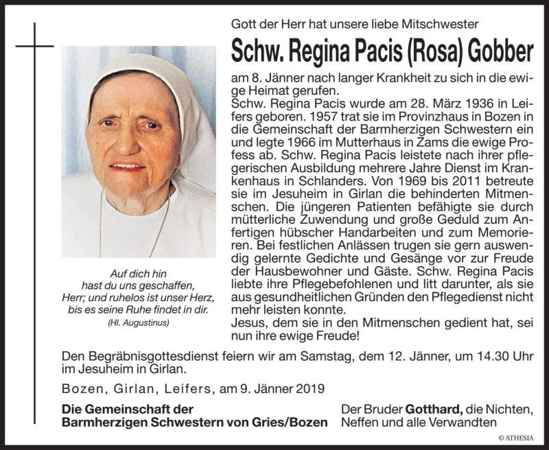  Traueranzeige für Rosa Gobber vom 10.01.2019 aus Dolomiten