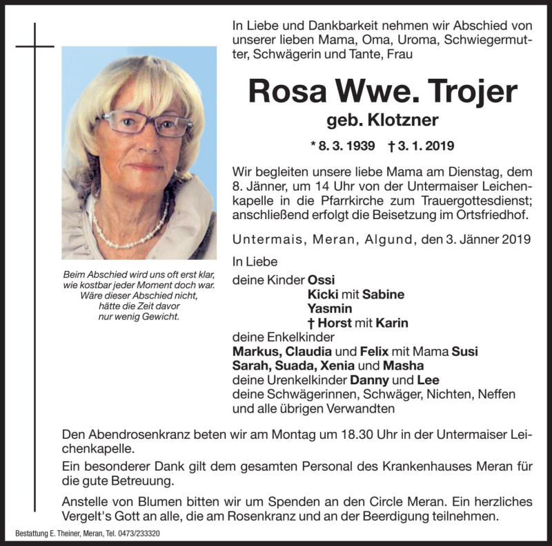  Traueranzeige für Rosa Trojer vom 05.01.2019 aus Dolomiten
