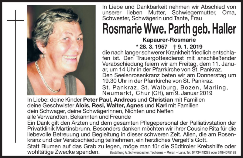  Traueranzeige für Rosmarie Parth vom 10.01.2019 aus Dolomiten