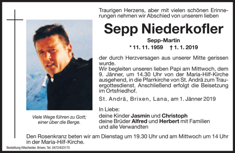  Traueranzeige für Sepp Niederkofler vom 07.01.2019 aus Dolomiten