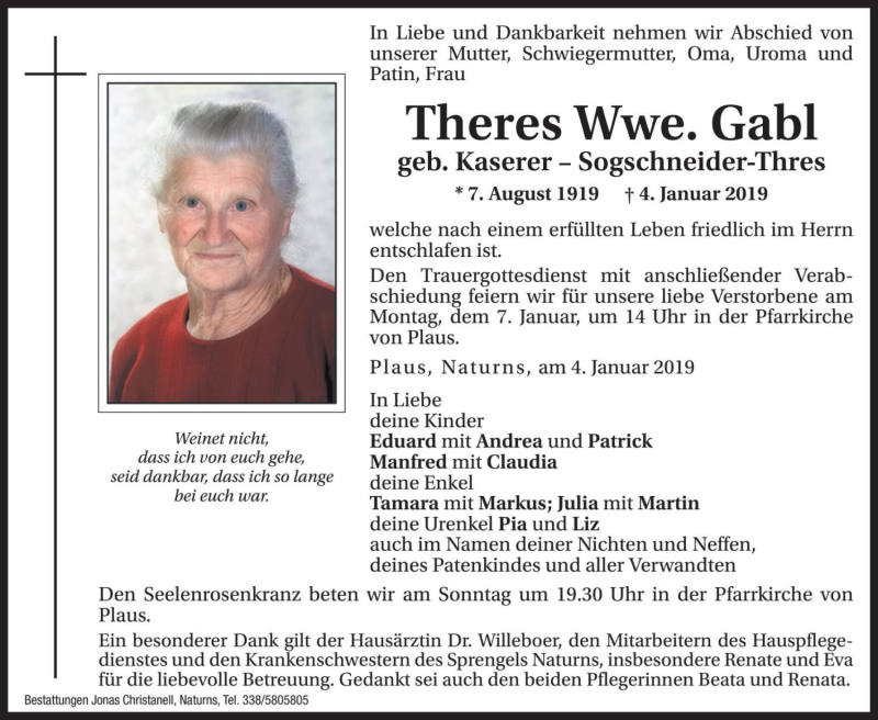  Traueranzeige für Theres Gabl vom 05.01.2019 aus Dolomiten