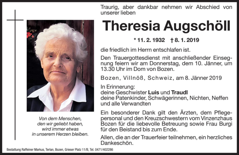  Traueranzeige für Theresia Augschöll vom 09.01.2019 aus Dolomiten