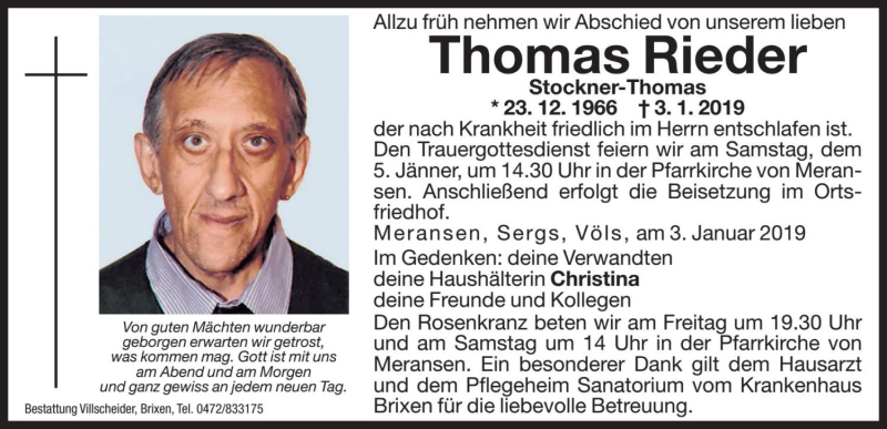  Traueranzeige für Thomas Rieder vom 04.01.2019 aus Dolomiten