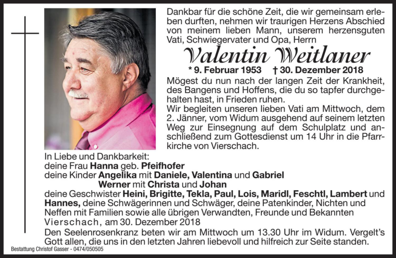  Traueranzeige für Valentin Weitlaner vom 02.01.2019 aus Dolomiten