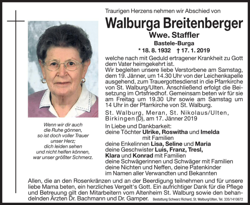  Traueranzeige für Walburga Staffler vom 18.01.2019 aus Dolomiten