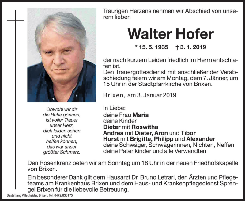  Traueranzeige für Walter Hofer vom 05.01.2019 aus Dolomiten