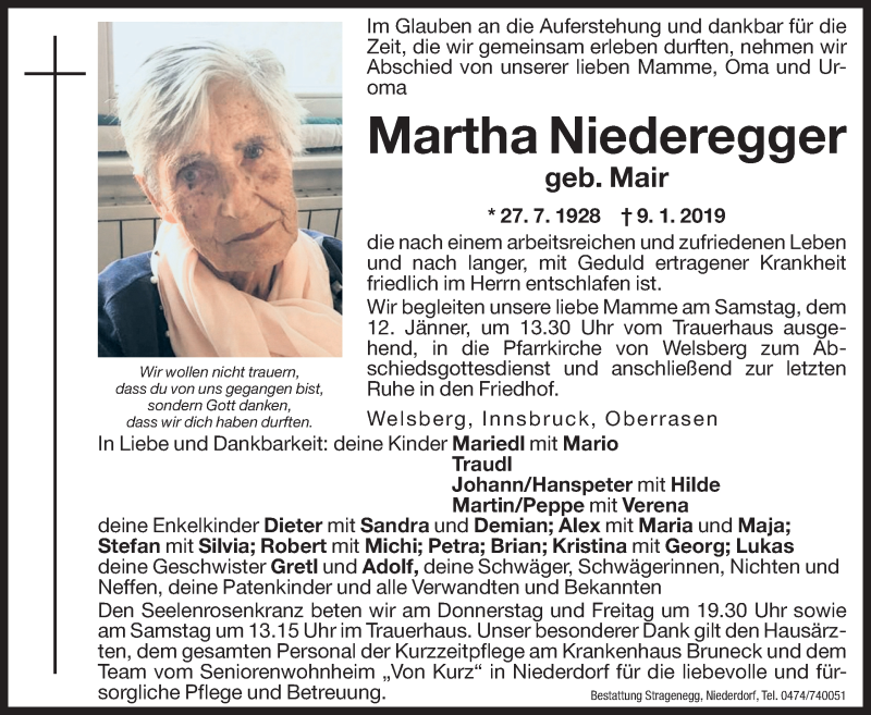 Traueranzeige für Martha Niederegger vom 10.01.2019 aus Dolomiten