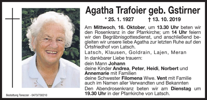  Traueranzeige für Agatha Trafoier vom 15.10.2019 aus Dolomiten