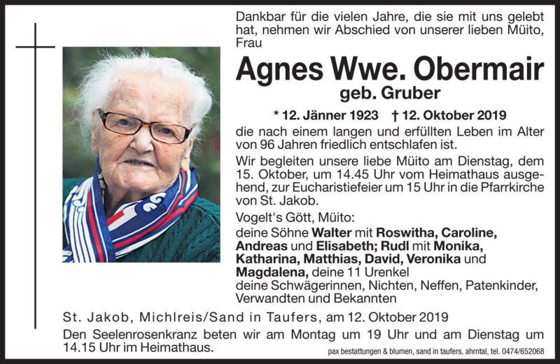  Traueranzeige für Agnes Obermair vom 14.10.2019 aus Dolomiten