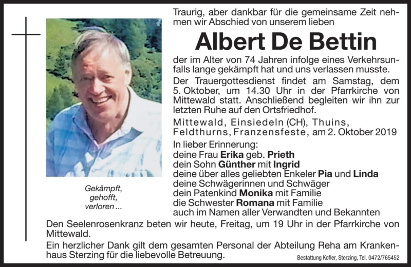  Traueranzeige für Albert De Bettin vom 04.10.2019 aus Dolomiten