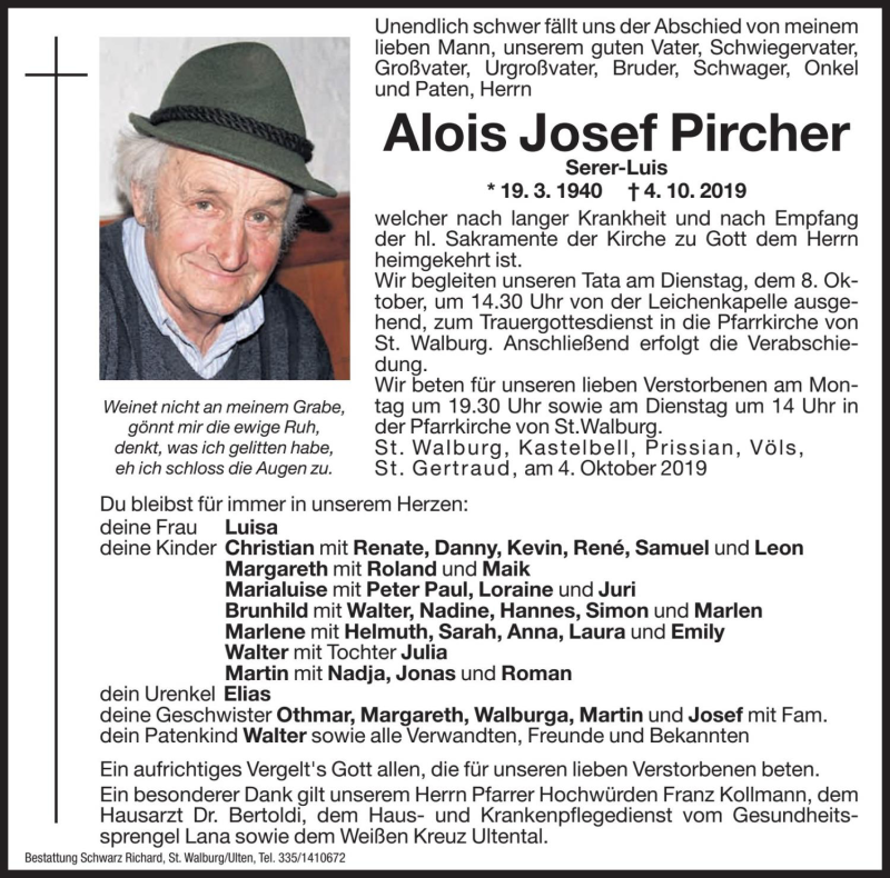  Traueranzeige für Alois Josef Pircher vom 07.10.2019 aus Dolomiten