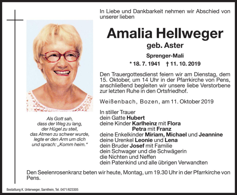  Traueranzeige für Amalia Hellweger vom 14.10.2019 aus Dolomiten