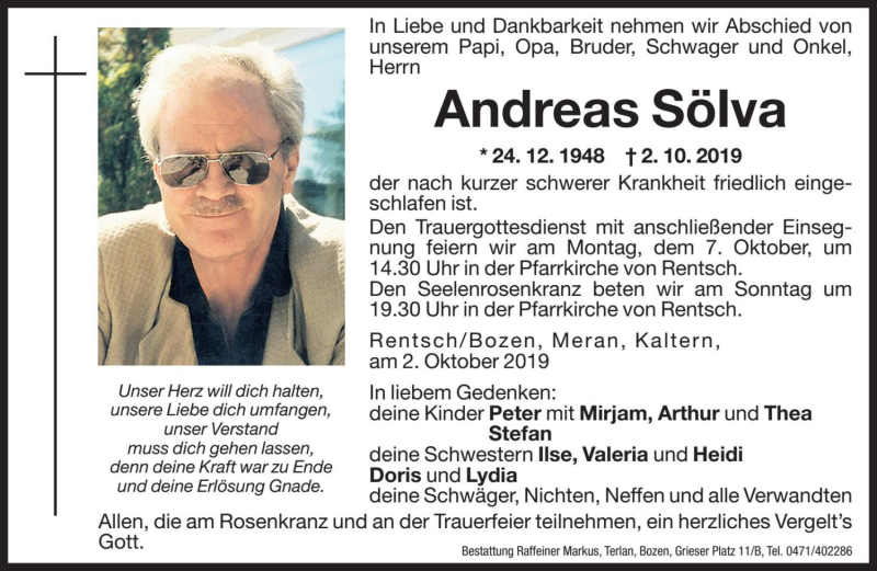  Traueranzeige für Andreas Sölva vom 05.10.2019 aus Dolomiten