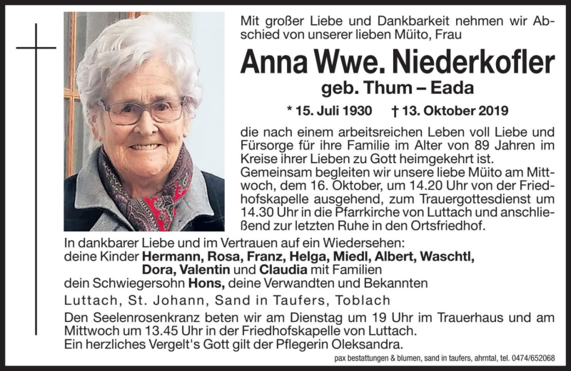  Traueranzeige für Anna Niederkofler vom 15.10.2019 aus Dolomiten