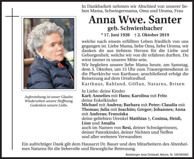 Traueranzeige für Anna Santer vom 05.10.2019 aus Dolomiten