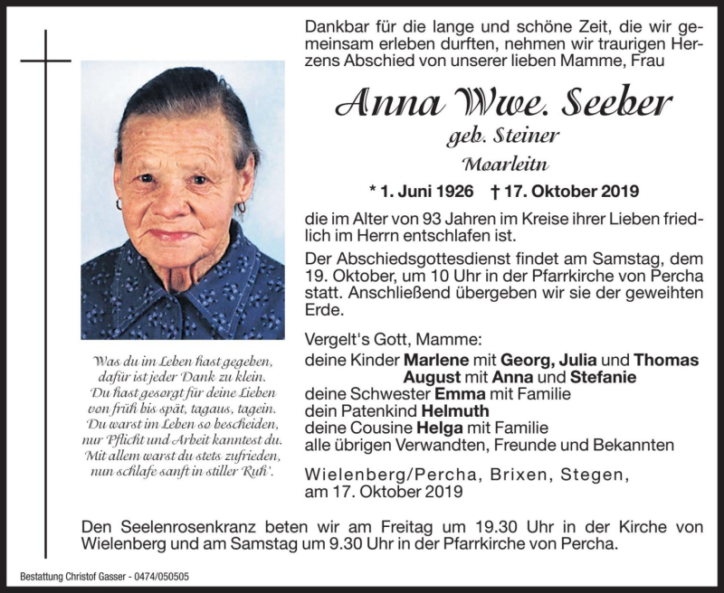  Traueranzeige für Anna Seeber vom 18.10.2019 aus Dolomiten