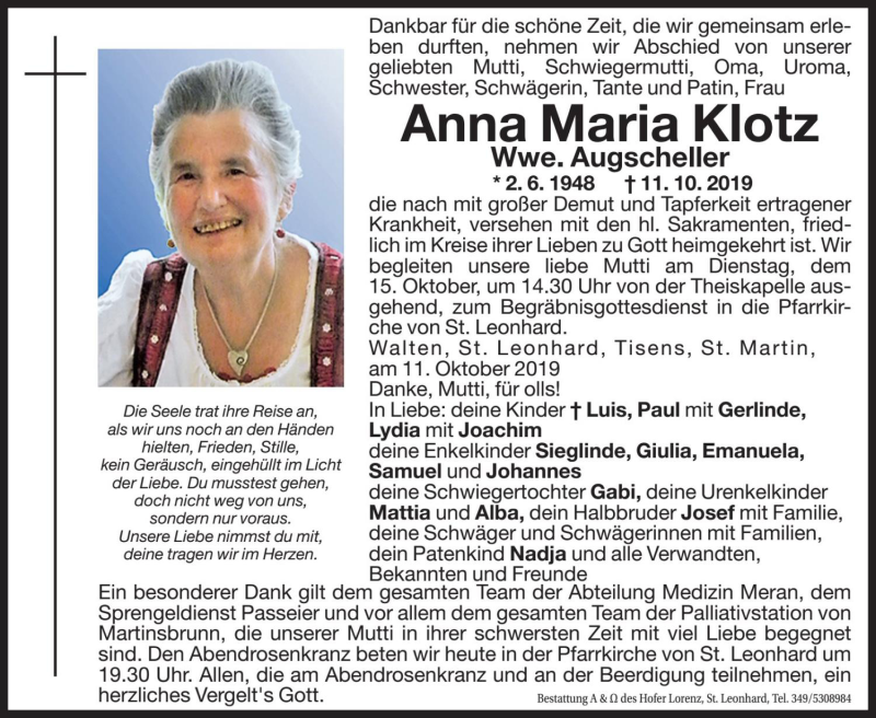  Traueranzeige für Anna Maria Augscheller vom 14.10.2019 aus Dolomiten
