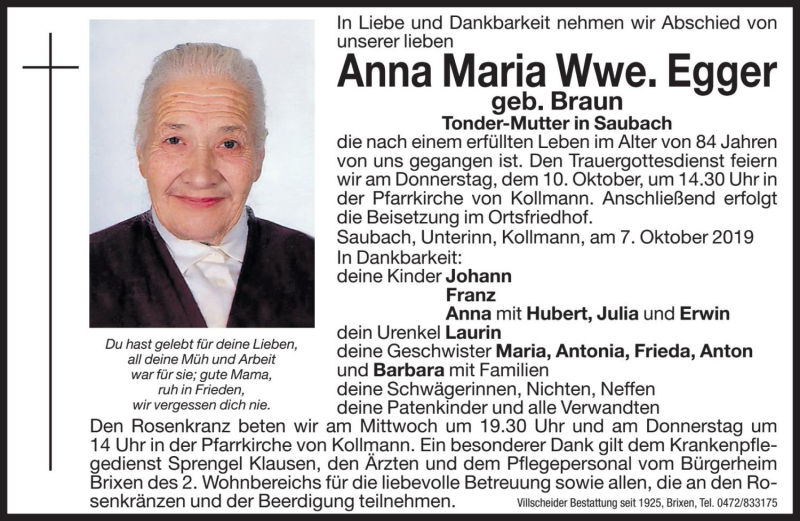  Traueranzeige für Anna Maria Egger vom 08.10.2019 aus Dolomiten