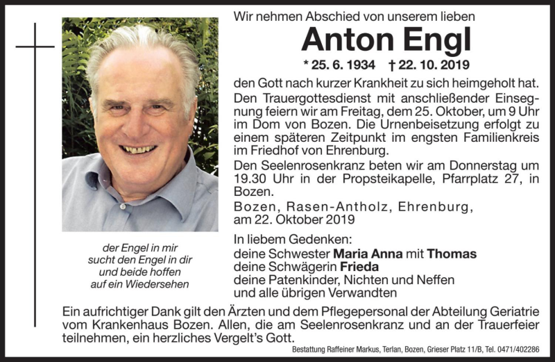  Traueranzeige für Anton Engl vom 23.10.2019 aus Dolomiten