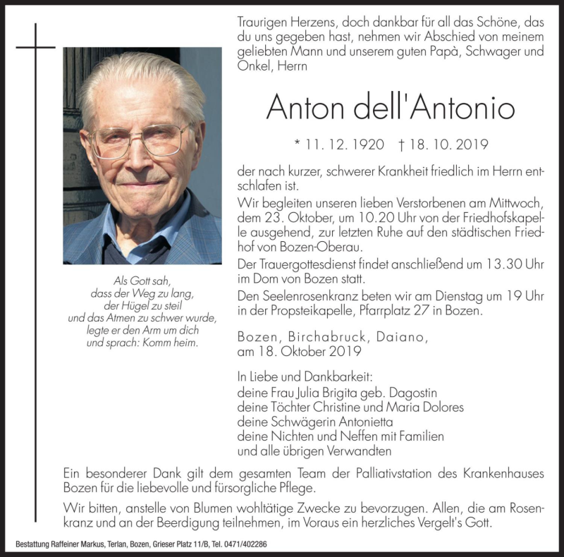  Traueranzeige für Anton dell'Antonio vom 21.10.2019 aus Dolomiten