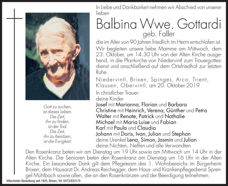  Traueranzeige für Balbina Gottardi vom 22.10.2019 aus Dolomiten