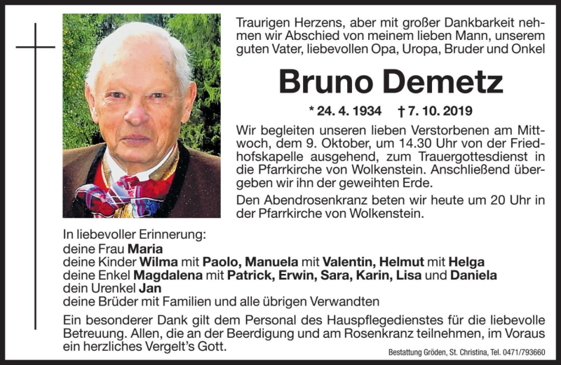  Traueranzeige für Bruno Demetz vom 08.10.2019 aus Dolomiten