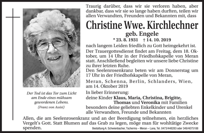  Traueranzeige für Christine Kirchlechner vom 16.10.2019 aus Dolomiten