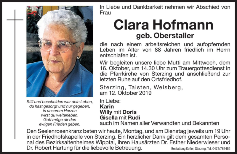  Traueranzeige für Clara Hofmann vom 14.10.2019 aus Dolomiten