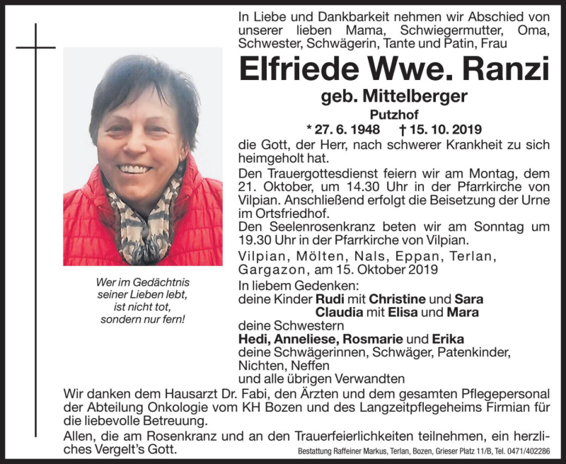  Traueranzeige für Elfriede Ranzi vom 18.10.2019 aus Dolomiten