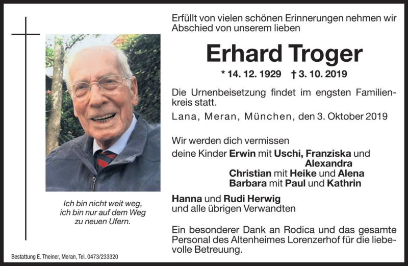  Traueranzeige für Erhard Troger vom 05.10.2019 aus Dolomiten