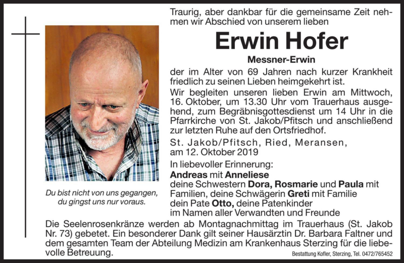  Traueranzeige für Erwin Hofer vom 14.10.2019 aus Dolomiten