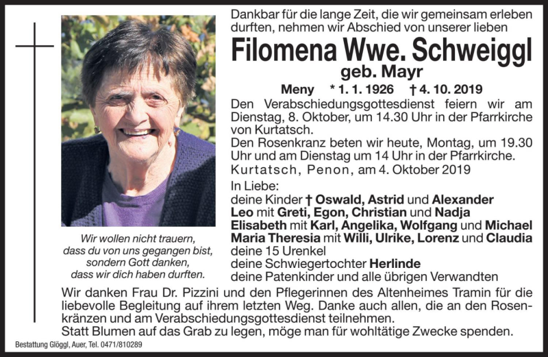  Traueranzeige für Filomena Schweiggl vom 07.10.2019 aus Dolomiten