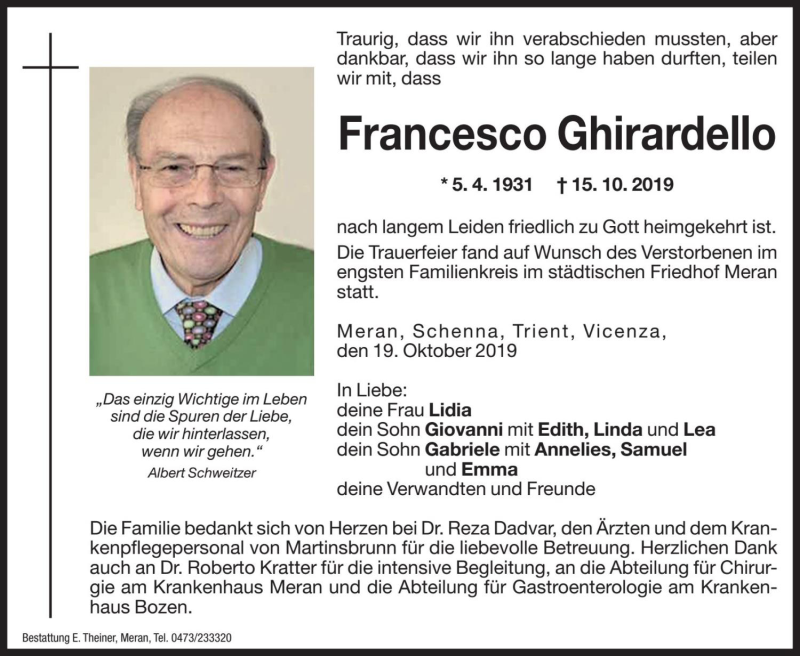  Traueranzeige für Francesco Ghirardello vom 19.10.2019 aus Dolomiten