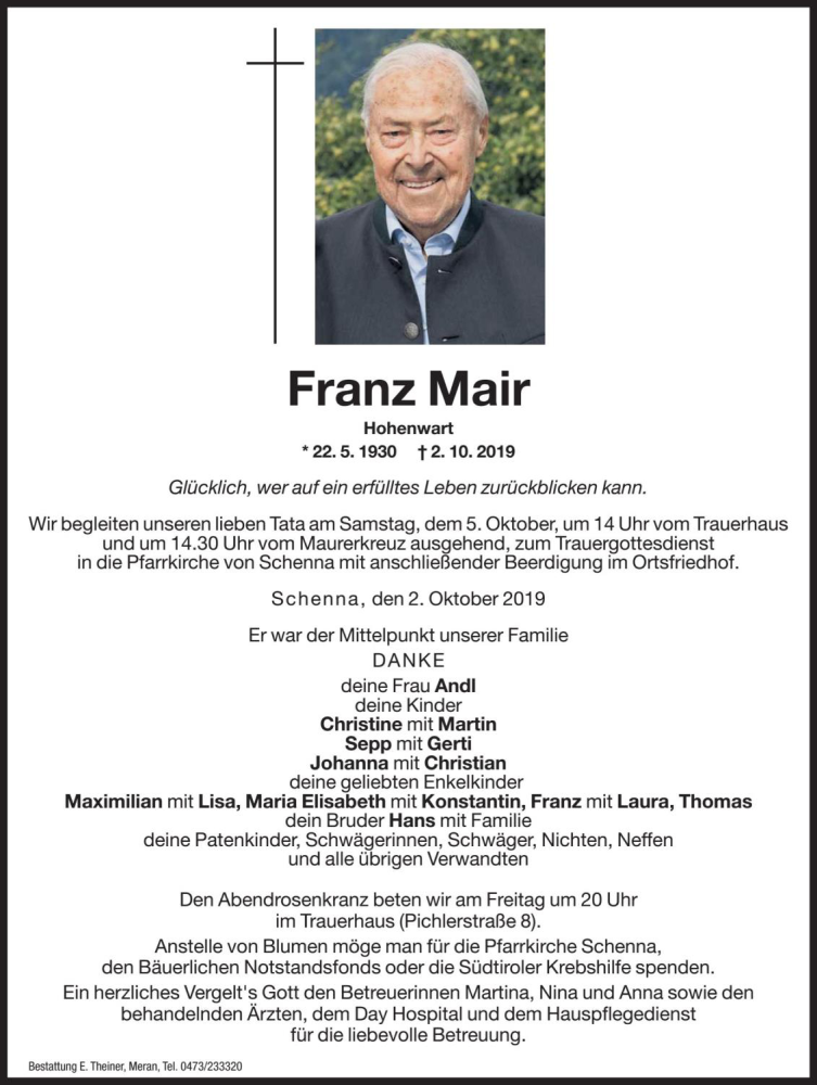  Traueranzeige für Franz Mair vom 04.10.2019 aus Dolomiten