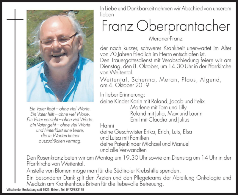  Traueranzeige für Franz Oberprantacher vom 07.10.2019 aus Dolomiten