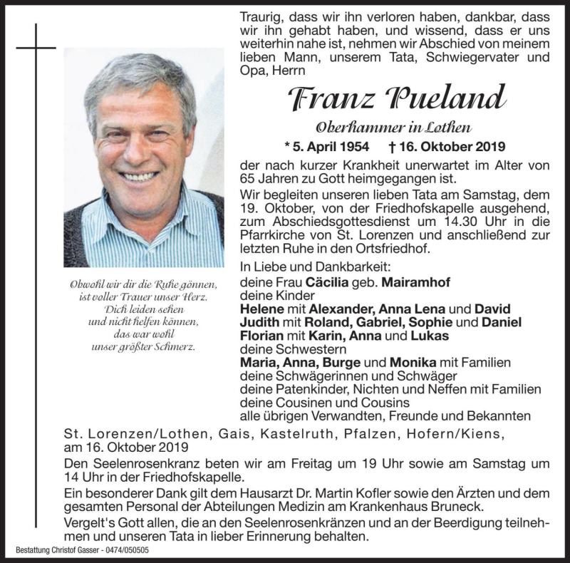  Traueranzeige für Franz Pueland vom 18.10.2019 aus Dolomiten