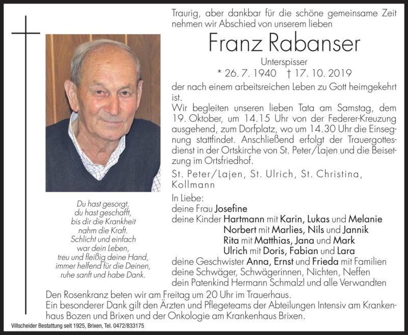  Traueranzeige für Franz Rabanser vom 18.10.2019 aus Dolomiten