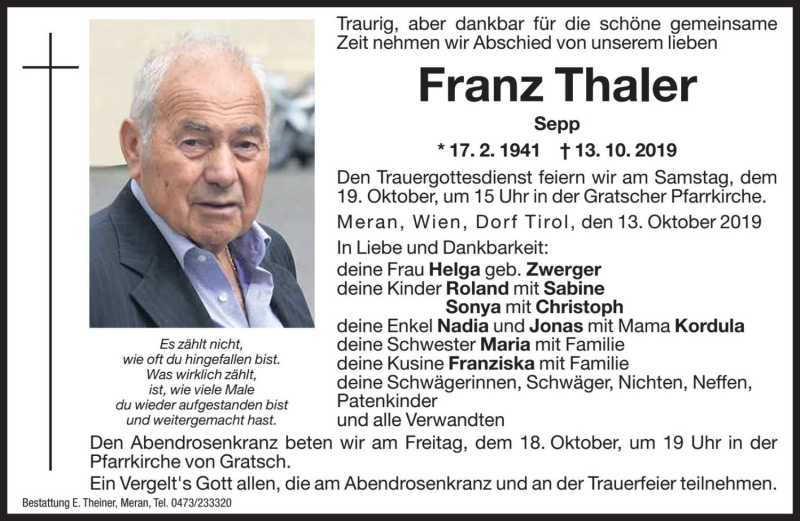  Traueranzeige für Franz Thaler vom 17.10.2019 aus Dolomiten