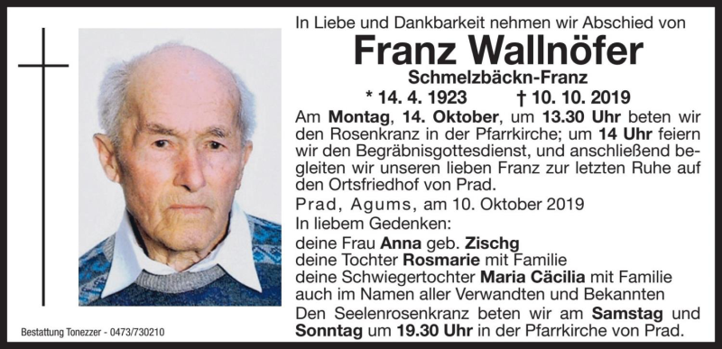  Traueranzeige für Franz Wallnöfer vom 12.10.2019 aus Dolomiten