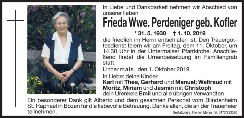  Traueranzeige für Frieda Perdeniger vom 09.10.2019 aus Dolomiten