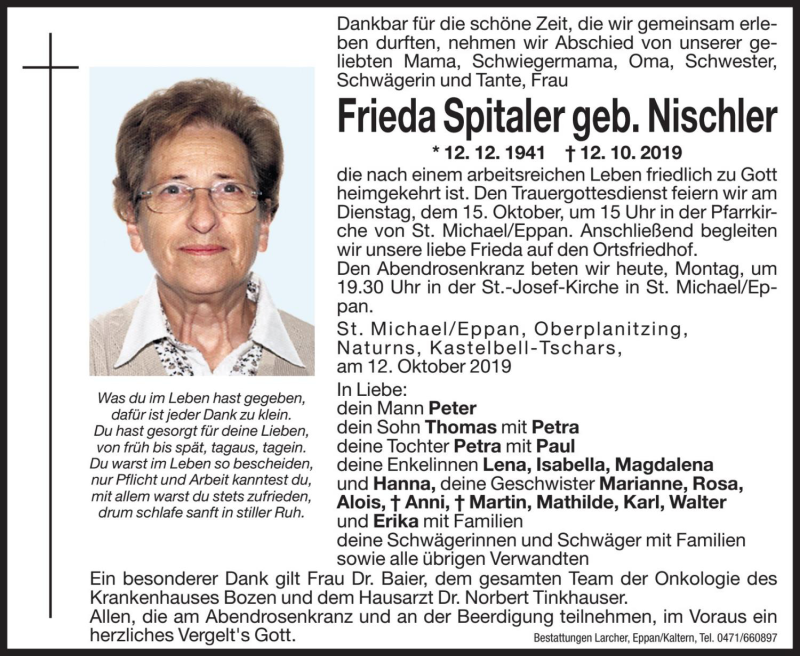  Traueranzeige für Frieda Spitaler vom 14.10.2019 aus Dolomiten