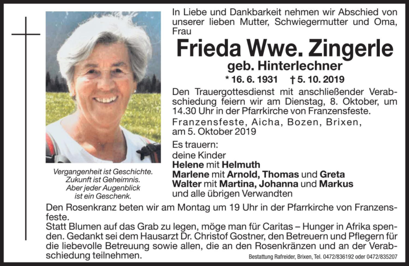  Traueranzeige für Frieda Zingerle vom 07.10.2019 aus Dolomiten