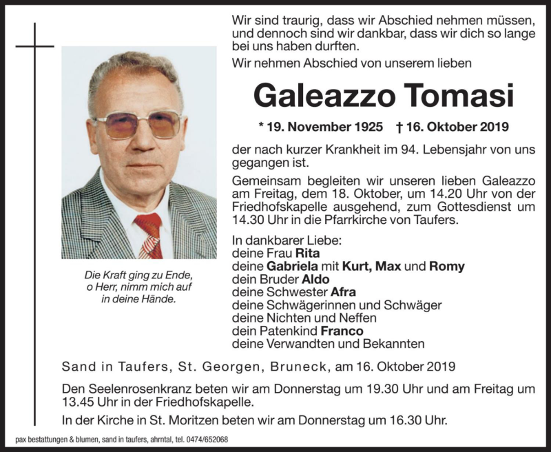  Traueranzeige für Galeazzo Tomasi vom 17.10.2019 aus Dolomiten