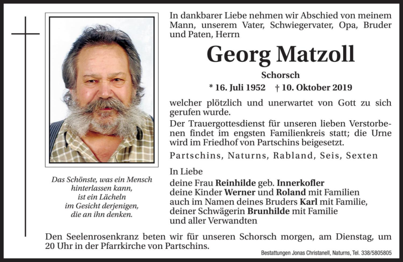  Traueranzeige für Georg Matzoll vom 14.10.2019 aus Dolomiten