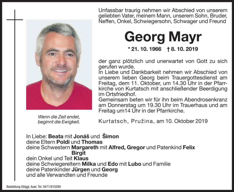  Traueranzeige für Georg Mayr vom 10.10.2019 aus Dolomiten