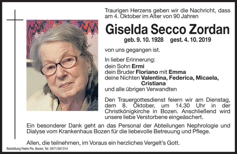  Traueranzeige für Giselda Secco Zordan vom 07.10.2019 aus Dolomiten