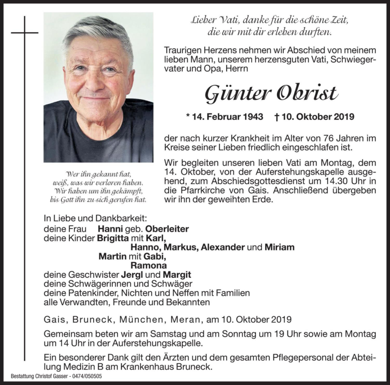  Traueranzeige für Günter Obrist vom 11.10.2019 aus Dolomiten