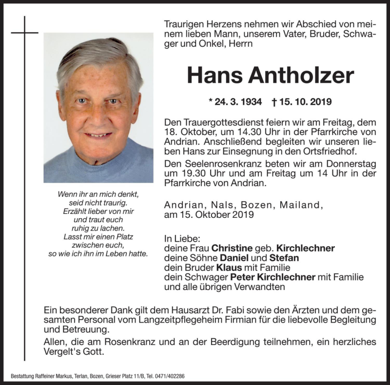  Traueranzeige für Hans Antholzer vom 16.10.2019 aus Dolomiten